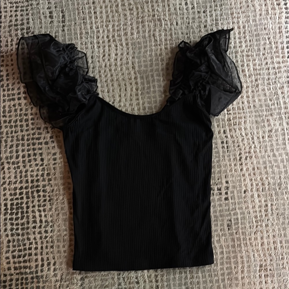 Black Ruffled Cap Sleeve Blouse